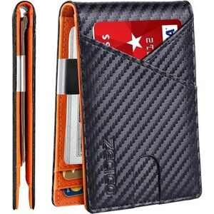 Mens Slim Wallet with Money Clip Black Orange